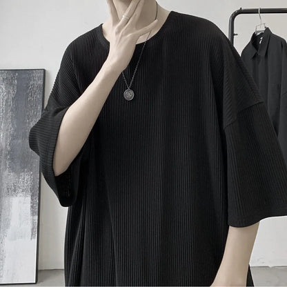 Summer Ice Silk T Shirt for Men Short Sleeve Solid Color Vertical Stripe American Loose Round Neck Half Sleeve Oversized T-shirt