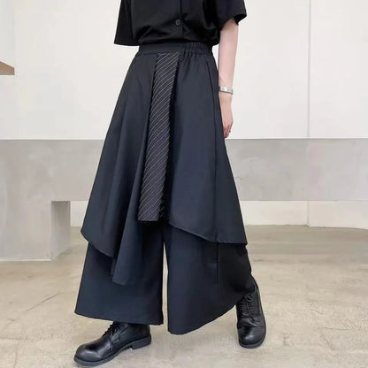 saferido Japan Sstreetwear Fashion Men's Black Trousers New Stripe Contrast Color Patchwork Irregular Loose Ankle Length Pants