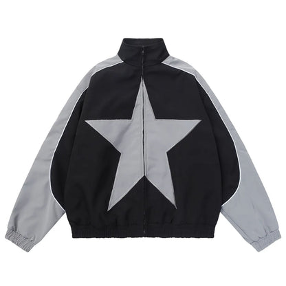 Spring Bomber Jacket Men Women Vintage Star Pattern Harajuku Y2k Windbreaker Coat Streetwear Zipper Patchwork Outerwear Unisex