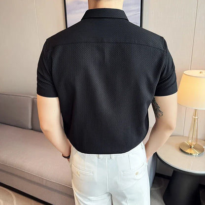 Men Waffle Shirt Short Sleeved Summer New British Style Business Non Ironing Solid Color Casual Slim Fit Shirt Men Clothing
