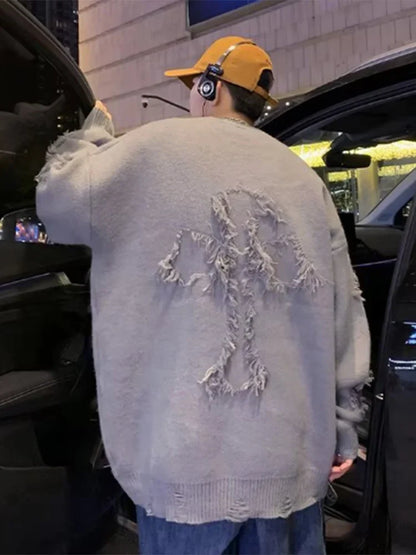 Solid Long Sleeve Hole Knitted Sweater Men Tassels O-neck Hooded Streetwear Man Autumn Winter Fashion New Men's Clothing