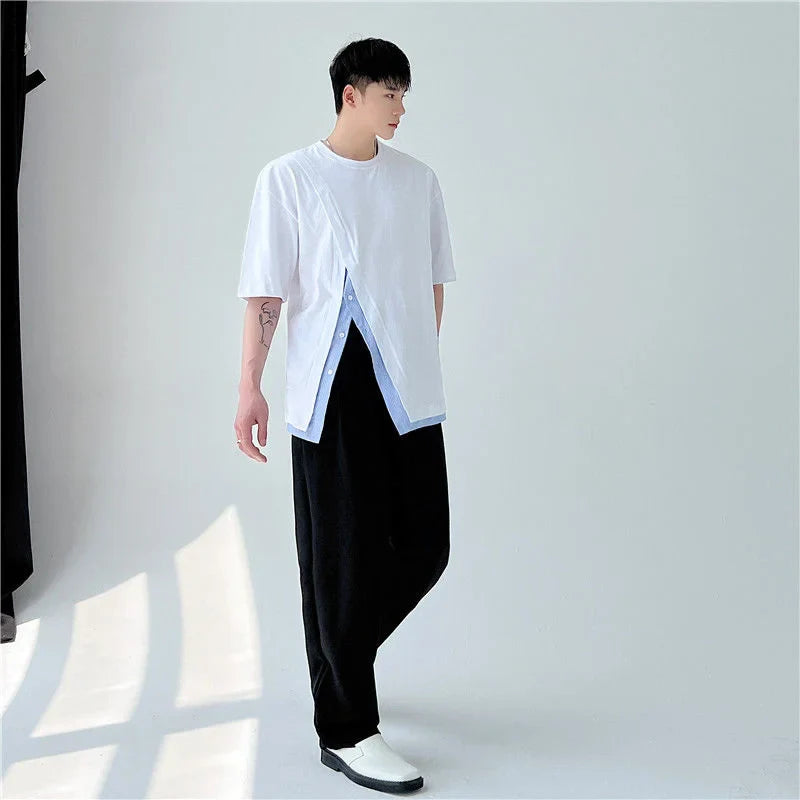Men Clothing Summer Short Sleeve Slit Patchwork T-shirt Korean Fashion Loose Streetwear T Shirt Tops For Male