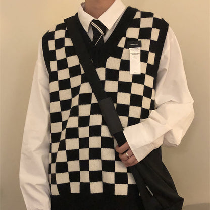 Autumn Arctic Velvet Checkerboard Pattern Men's Sweater Vest Retro V-neck Sleeveless Knit Vest Woolen Korean Clothes