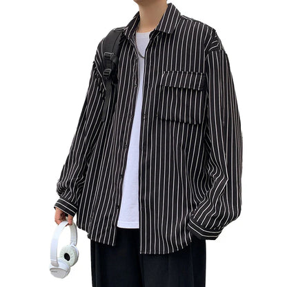 saferido Stripe Long Sleeve Shirt Japanese Streetwear High Quality Shirts Spring Autumn Harajuku Casual Coat Korean Clothes Men Clothing
