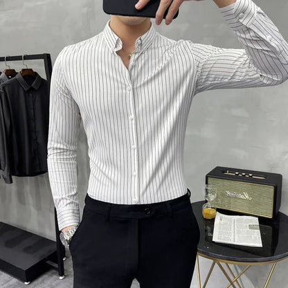 Striped Shirt Mens Spring New British Style Business Casual Long Sleeve Iron-Free Anti-Wrinkle Dress Shirt Mens Clothing