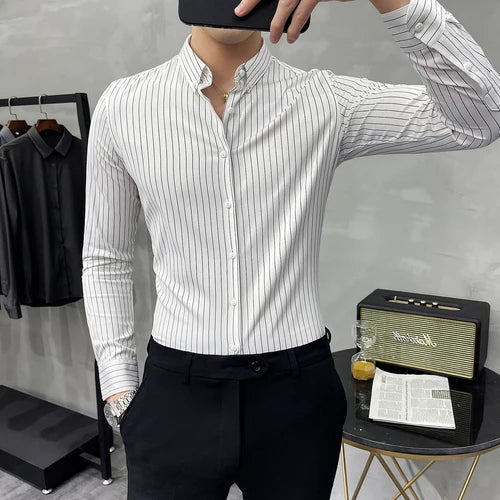 Striped Shirt Mens Spring New British Style Business Casual Long Sleeve Iron-Free Anti-Wrinkle Dress Shirt Mens Clothing