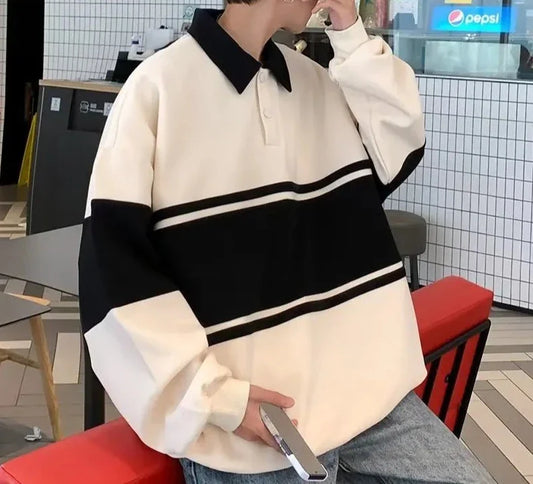 Contrast Color Sweatshirts Men All-match Loose Striped Fashion Turn-down Collar Comfortable Warm Daily Streetwear Chic Leisure