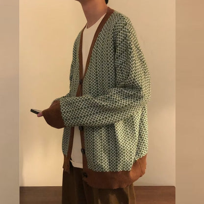 Vintage Patchwork Ribbed V Neck Sweater Cardigans Men Fashion Button-down Knit Jacket For Mens Autumn Loose Long Sleeve Sweaters