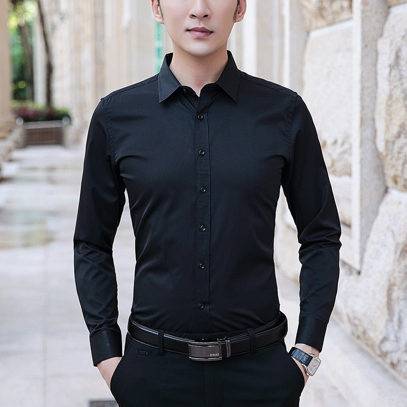 Size M-8XL Men Dress Shirts Long Sleeve Turn Down Collar Solid Color Business Work Shirt Slim Fit Anti-wrinkle Men Clothe