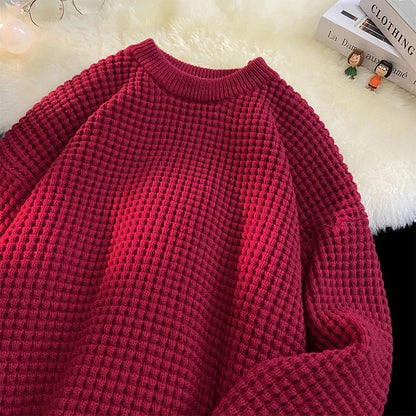 saferido Korean Solid Color Baggy Sweater Men's Knitting Pullovers Crew Neck Pullover Women Harajuku Knitwear Christmas Red Knitted
