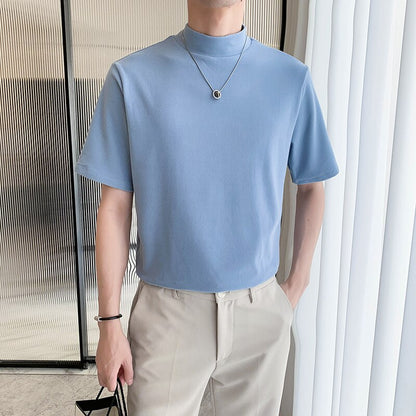 7Colors Solid Turtleneck Short Sleeve T-Shirts For Men Clothing Simple All Match Comfortable Casual Tee Shirt Homme Sale