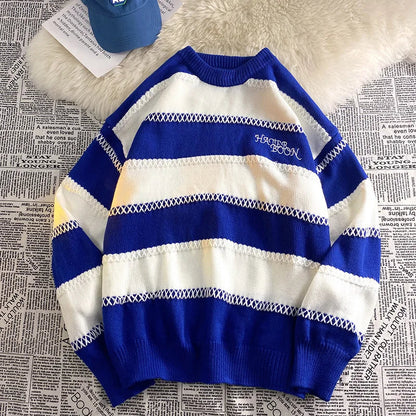 saferido Patchwork Striped Men's Knitted Sweater Blue Pullovers Punk Black Sweaters Male Oversize Korean Streetwear Hip Hop