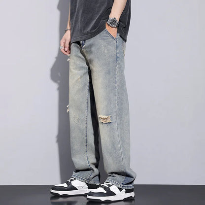 saferido Men's Clothing Y2k Baggy Jeans Spring/Summer New Man Pants American Trendy Hole Loose Leisure Straight Leg Wide Jeans for Men