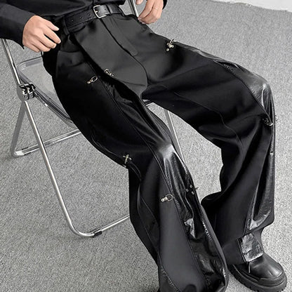 Men's Pants Autumn Winter Metal Buckle Design PU Leather Splicing New Fashion Solid Color Darkwear Trousers