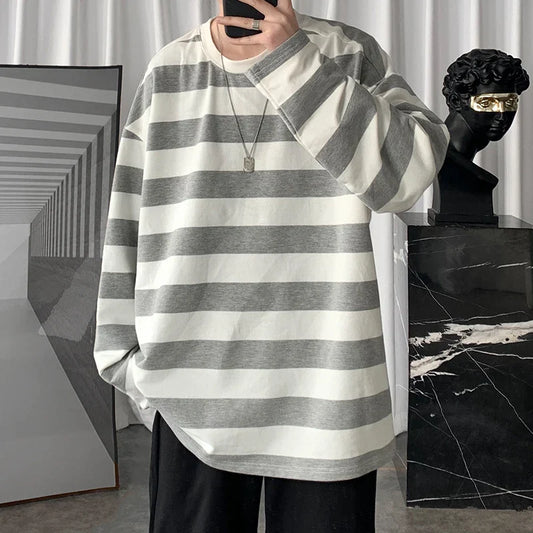 saferido Spring Mens Stripe Tops Tees Harajuku Long Sleeve T Shirts Casual High Quality Unisex Tshirt