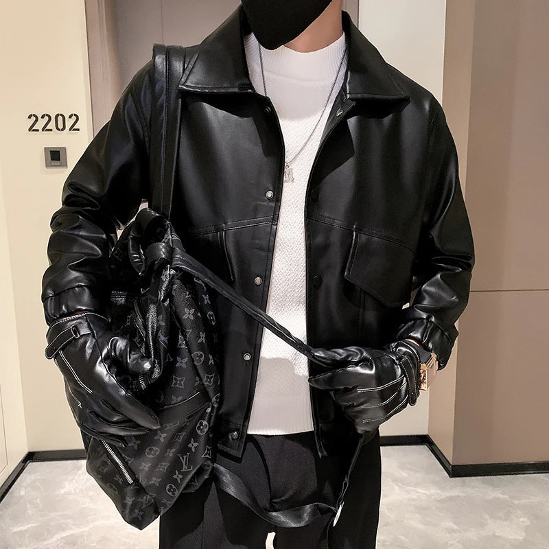 saferido Black White PU Jackets Men Spring Autumn Leather Jacket Coat Male Fashion Casual Motor Biker PU Leather Coat Big Size 3XL-M