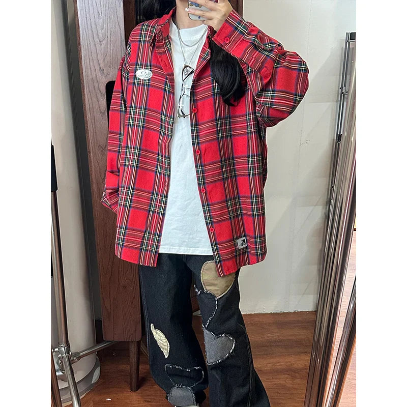 saferido Autumn Long Sleeved Shirt Men Oversized Fashion Retro Plaid Shirt Men Streetwear Korean Loose Casual Shirt Mens Vintage Shirts