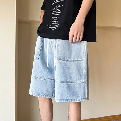 saferido Summer New High Street Casual Versatile Denim Capris Elastic Waist Men's Korean Style Loose Wide Leg Large Pocket Shorts