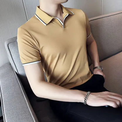 saferido  Summer New Style Men's Casual Slim Fit Short Sleeve Solid Color POLO Shirt British Slim Lapel Color Blue T-shirt Polo S-4XL