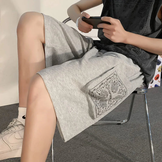 saferido Printed Big Pocket Casual Shorts for Men's Oversize Sports Straight Wide Leg Pants Loose Trend Five Points Sweatpants Summer