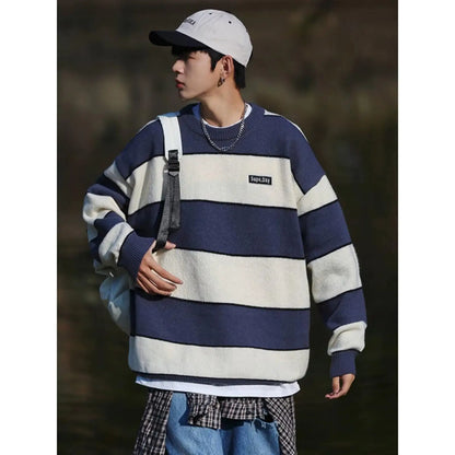 saferido  Hip Hop Korean Stripe Contrast Color Autumn and Winter New Fashion Sweater Men's Loose Relaxed Student Round Neck Lazy Style