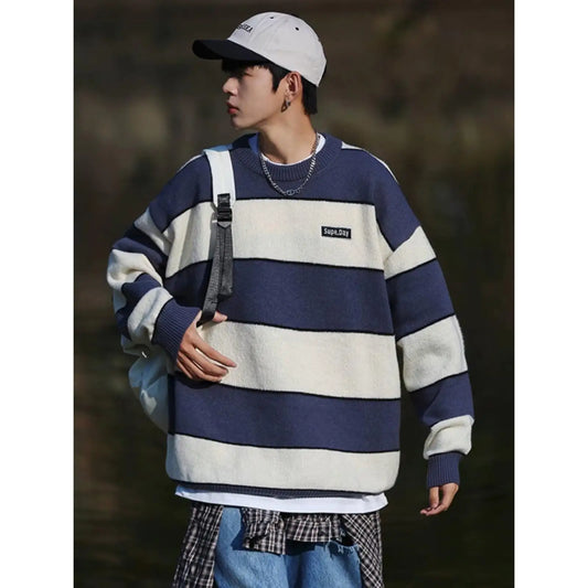 saferido  Hip Hop Korean Stripe Contrast Color Autumn and Winter New Fashion Sweater Men's Loose Relaxed Student Round Neck Lazy Style