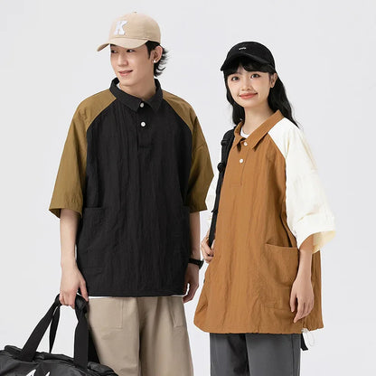 saferido Couple Japanese Shirt Harajuku Oversized Short Sleeve Shirt for Men Women Hawaiian Contrast Stitching Polo Geometric Streetwear