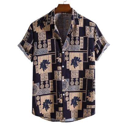Mens Vintage Button Up Linen Shirts Slim Fit Short Sleeve Hawaiian Floral Shirt Men Casual Harajuku Streetwear Camisas Homme XXL
