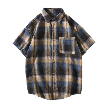 saferido Korean Style Plaid Shirts For Men Short Sleeve Fashion Turn-down Collar Blouses Hip Hop Male Clothing