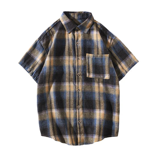 saferido Korean Style Plaid Shirts For Men Short Sleeve Fashion Turn-down Collar Blouses Hip Hop Male Clothing