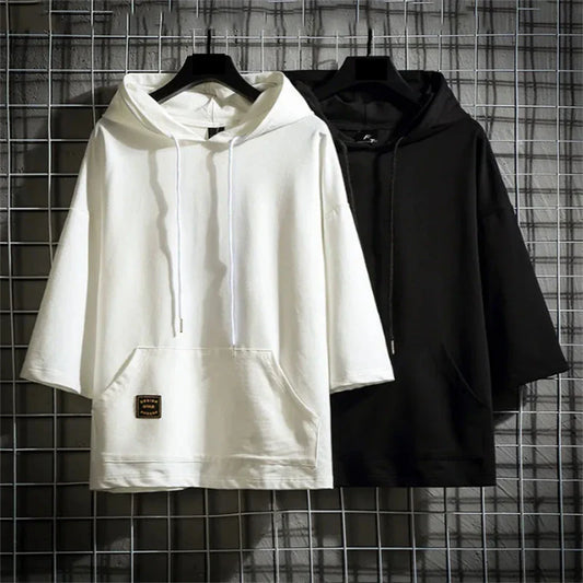 saferido Men Casual Hoodies Spring Summer Harajuku Korean Men's Loose Hooded Tops Large Size Three Quarter Sleeve Hooded Tops