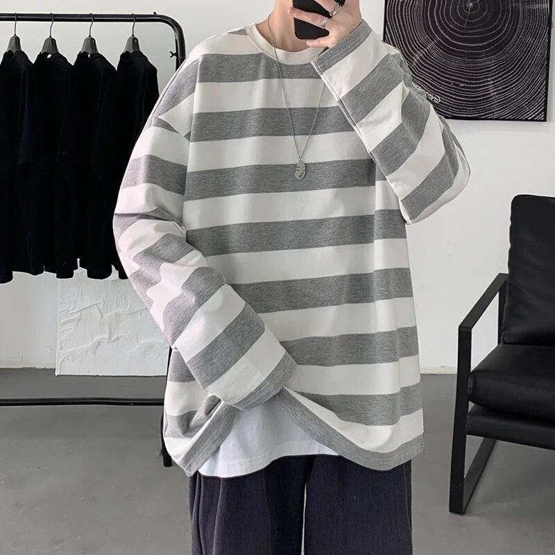 Privathinker Harajuku Striped T shirts For Men Oversized Tees Man Casual Long Sleeve Tshirt Woman Loose Pullovers Tops 5XL
