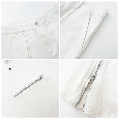 Hip Hop Vibe Heavy Functional Cargo Trousers for Men Fashionable Rivets Zipper Split Adjust Micro Flare Pants White Male Clothes