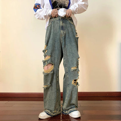 saferido Men's Torn Jeans American Street Hip-hop Baggy Pants Spring and Autumn Thin Women's Hip-hop Baggy Pants Y2k Hombre