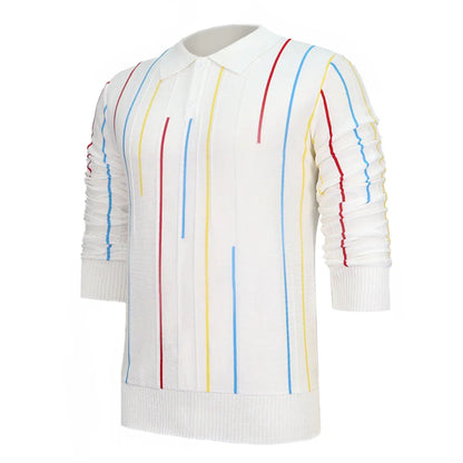 saferido Mens Striped Casual Knitted Polo Shirt Genderless Spring Autumn Thin Fashion Simple Loose Comfortable Long-Sleeve Shirt Unisex