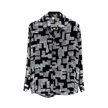 Men Spring Summer New Fashion Long Sleeve Casual Shirts Male Loose Print Blouses Men Button Up Ice Silk Thin Shirts