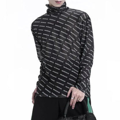saferido American Letter Mesh T-Shirt For Men Autumn New Style Casual Simple Comfortable Breathable High Collar Inner Trendy Top