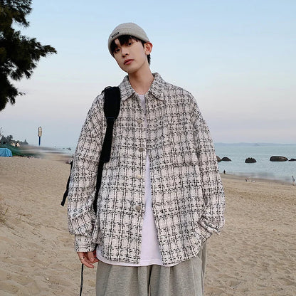 saferido French small fragrance coat men's fashion high sense men's clothing spring and autumn tweed woven thousand bird check shirt men