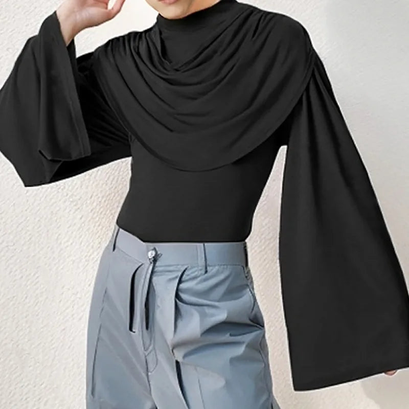 saferido American Style New Men's Layered Design Swing Collar T Shirts Retro Streetwear Leisure Solid Long Sleeved Irregular Blouse S-2XL