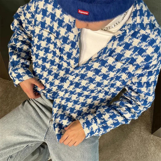 saferido Spring New Simple Versatile Fashionable Blue Houndstooth Woolen Shirt Style Genderless Casual Unisex Long-Sleeved Shirt