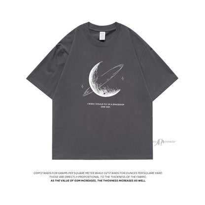 HybSkr Simple Stroke Moon Graphic Men Tshirt Oversize Letter Print Short Sleeve T-shirt Cotton Male Streetwear Unisex Basic Tops