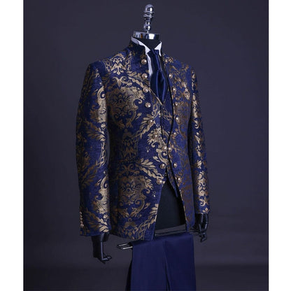 Floral Jacquard Wedding Suits for Men with Stand Collar Double Breasted Navy Blue Formal Groom Tuxedo Jacket Vest Pants 3 Piece