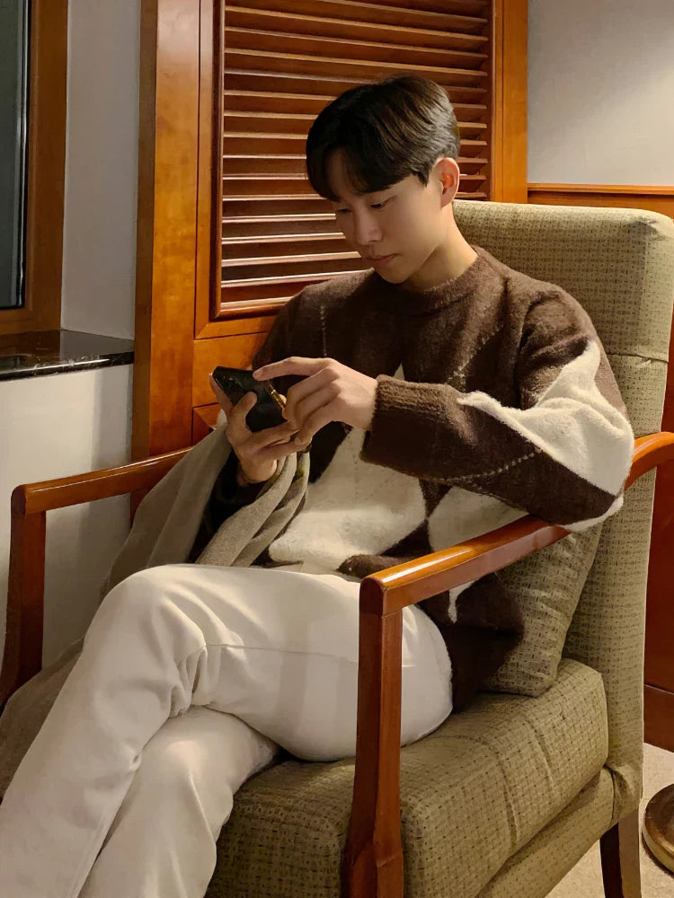 Knitted Sweaters Men Autumn Geometric Stylish Warm Leisure Korean Style Streetwear Temperament Classic Advanced Aesthetic