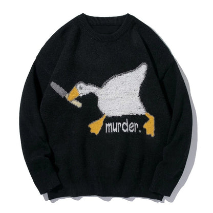 Men Harajuku Sweater Cartoon Spoof Goose Print Pullover Casual O-neck Knitted Top Hip Hop Loose Sweater Couple Streetwear Fall