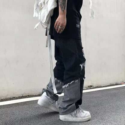 saferido Mens Jeans Pants With Hole Casual Vintage Straight Leg Korean Fashion Streetwear Harajuku Trousers