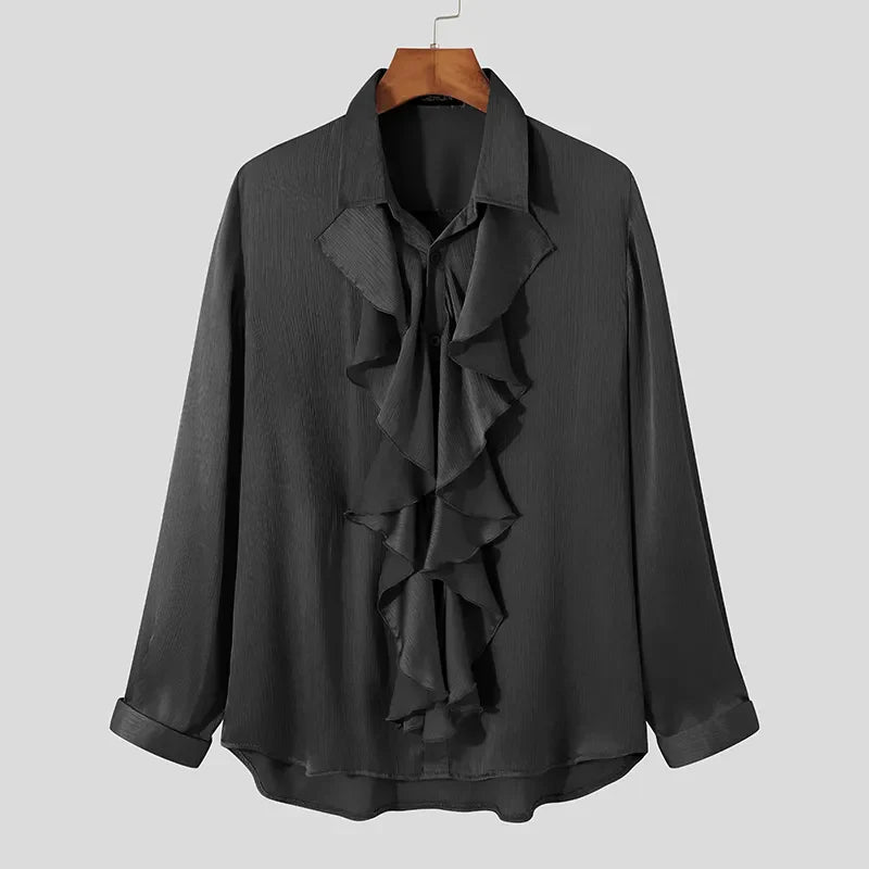Handsome Well Fitting Men Tops Solid Comfortable Blouse Casual Hot Sale Male Loose Ruffled Long-sleeved Shirt S-5XL INCERUN