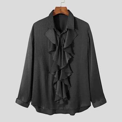 Handsome Well Fitting Men Tops Solid Comfortable Blouse Casual Hot Sale Male Loose Ruffled Long-sleeved Shirt S-5XL INCERUN