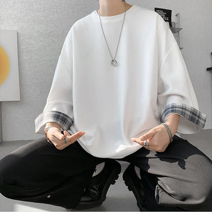 saferido Spring Summer Men's T-shirts Women Oversized 2XL Korean Style Loose Plaid T-shirt Casual Seven sleeves T-Shirt Male White