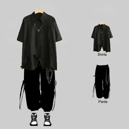 saferido New Men Streetwear Two-piece Suit Splice Chain Long Sleeve+Ribbon Chain Pants Harajuku Cargo Pants 2 Piece Sets Mens Outfits