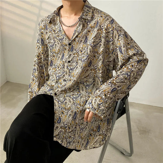 saferido Spring Summer New Cashew Flower Print Shirt Korean style Loose Casual Long-sleeved Tee Tops All-Match Blouse Men